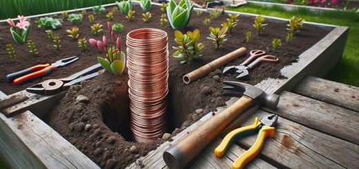 copper piping wrapped with copper wire in a garden bed