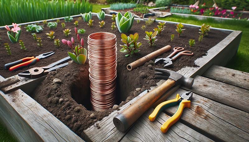 copper piping wrapped with copper wire in a garden bed